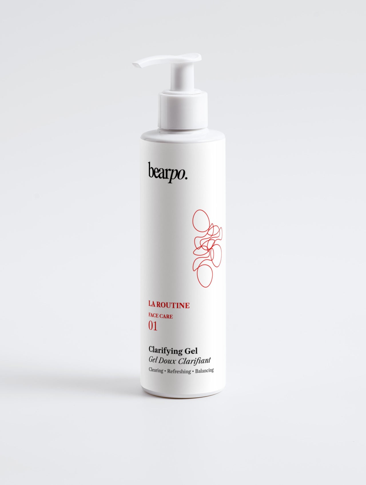 Clarifying Gel, LA ROUTINE - bearpo., studio shot, vegan skincare bottle on gray background