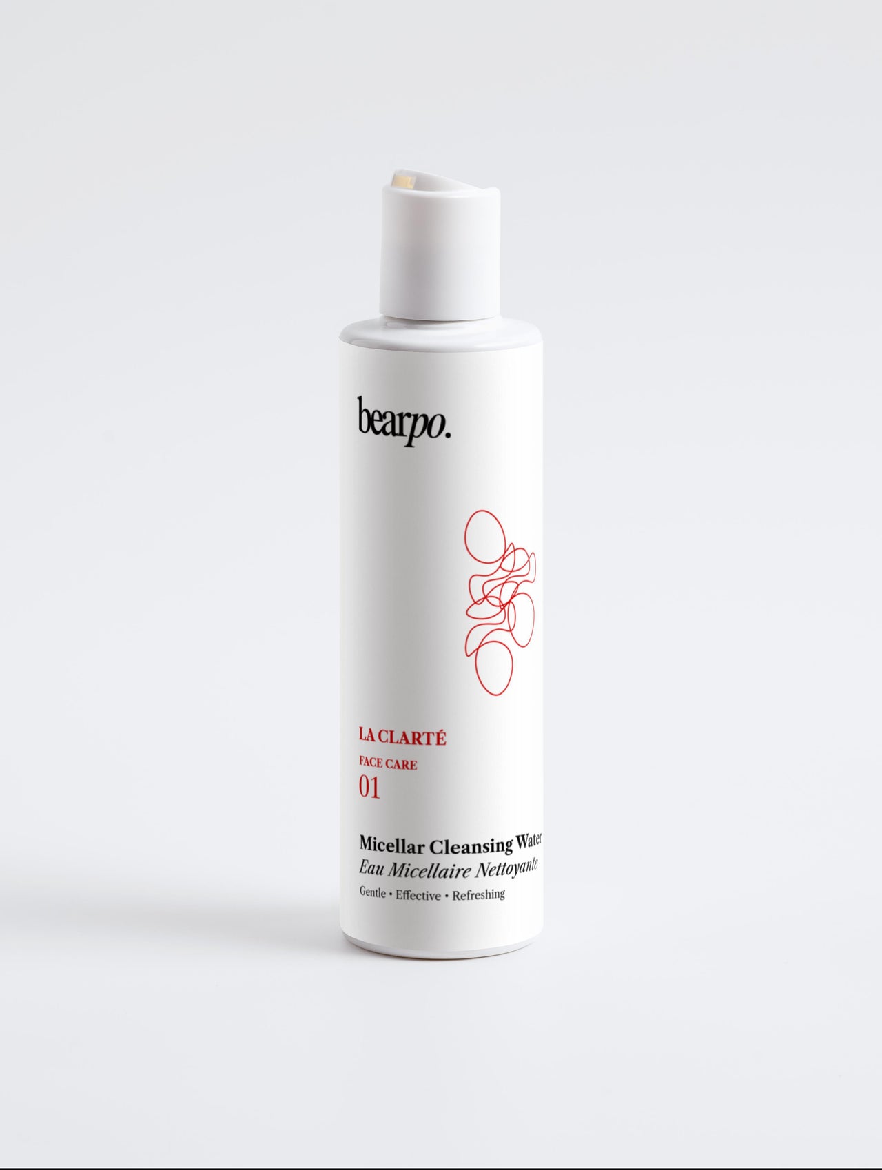 Micellar Cleansing Water, LA CLARTÉ - bearpo., white skincare bottle on gray background