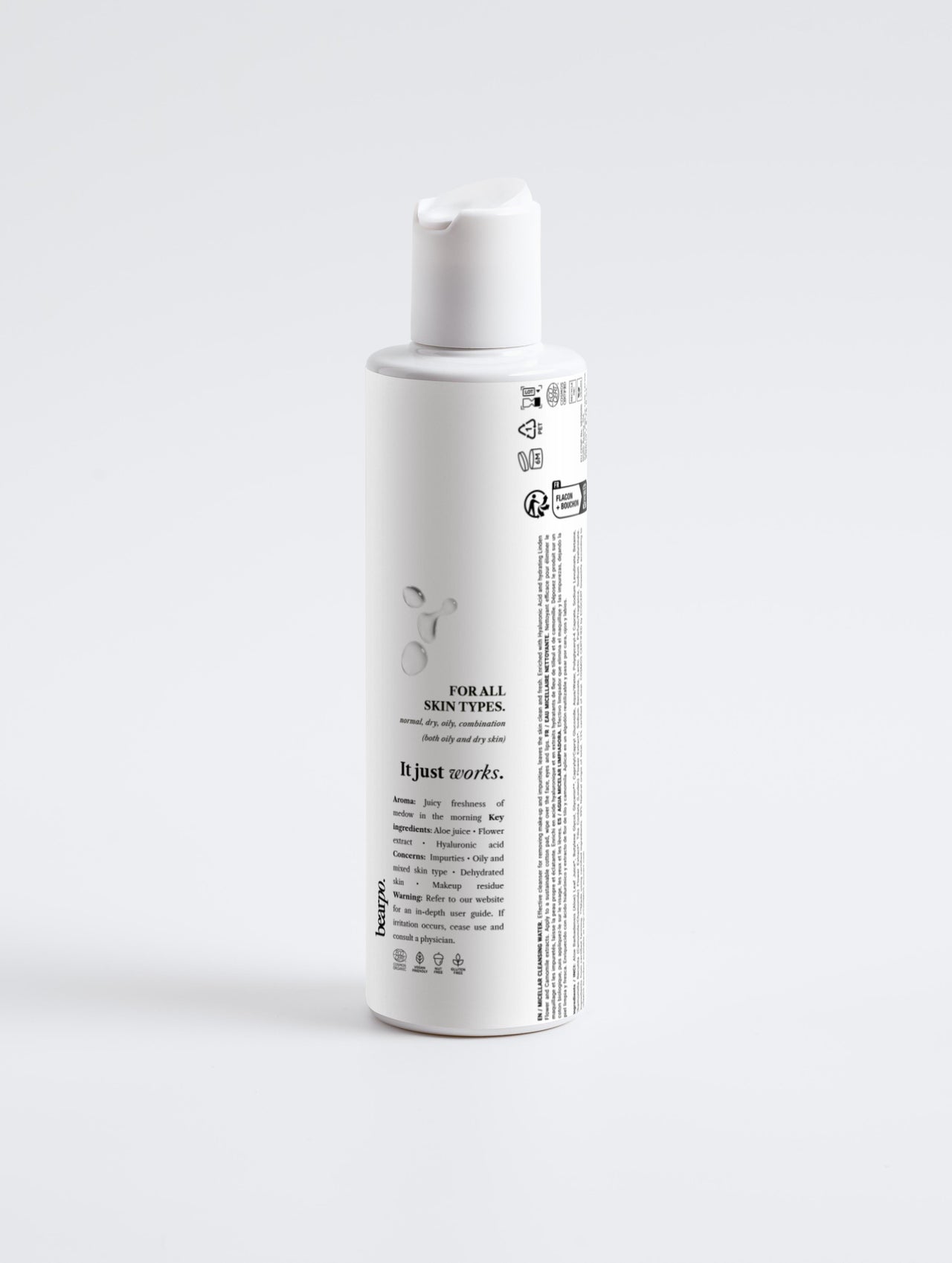 Micellar Cleansing Water, LA CLARTÉ - bearpo., white skincare bottle on gray background